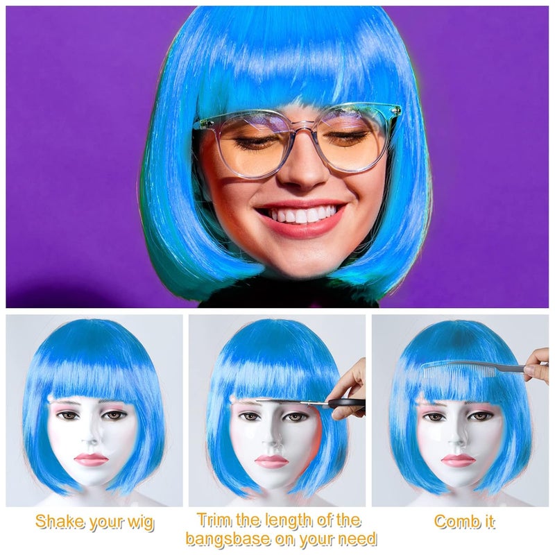 PLULON Sky Blue Bob Wig and Sunglass Set, Neon Short Bob Wig Sunglass Pack Costume Colorful Cosplay Wig Hairpieces for Bachelorette Neon Party Favors, Halloween Decorations - Image 3
